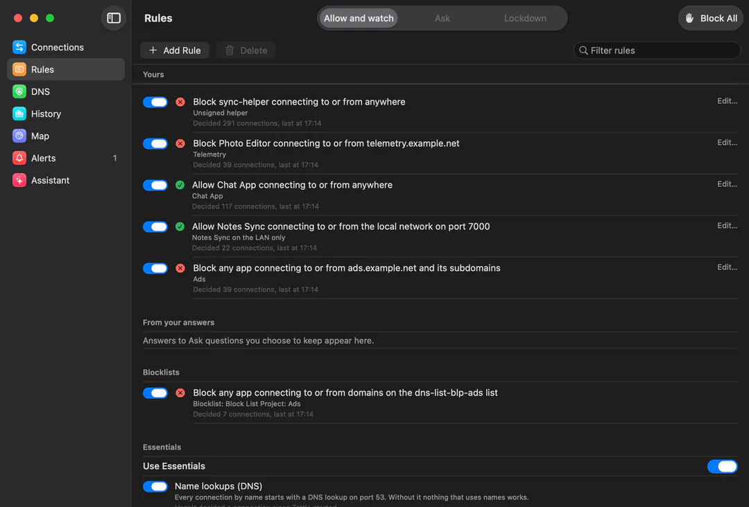 Tattle’s Rules: your rules as sentences, each with its switch, its note and how many connections it decided, such as Block Photo Editor connecting to or from telemetry.example.net and Allow Notes Sync connecting to or from the local network on port 7000; then rules from your answers, a blocklist, and Essentials.