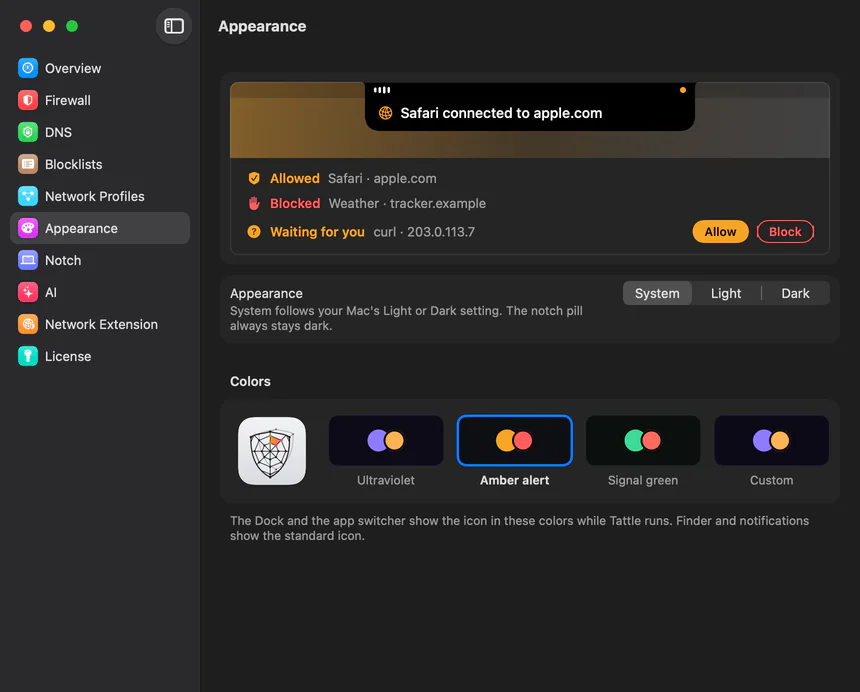 Tattle’s Settings window on the Appearance page: a preview in the palette’s colours, the System, Light and Dark switch, and the colour choices beside the app icon drawn in them.