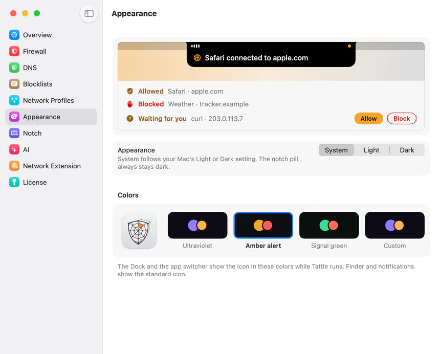 Tattle’s Settings window on the Appearance page: a preview in the palette’s colours, the System, Light and Dark switch, and the colour choices beside the app icon drawn in them.