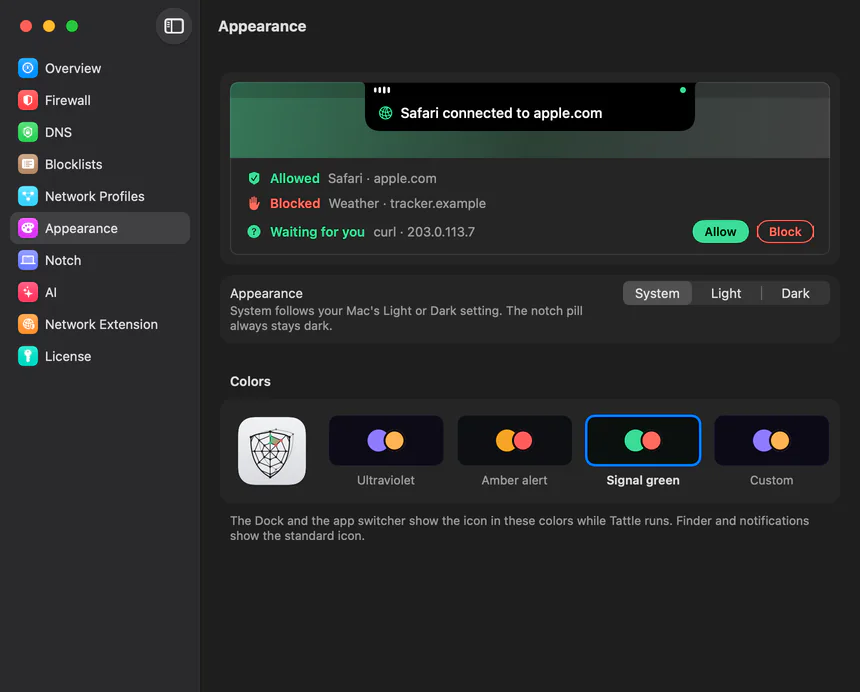 Tattle’s Settings window on the Appearance page: a preview in the palette’s colours, the System, Light and Dark switch, and the colour choices beside the app icon drawn in them.