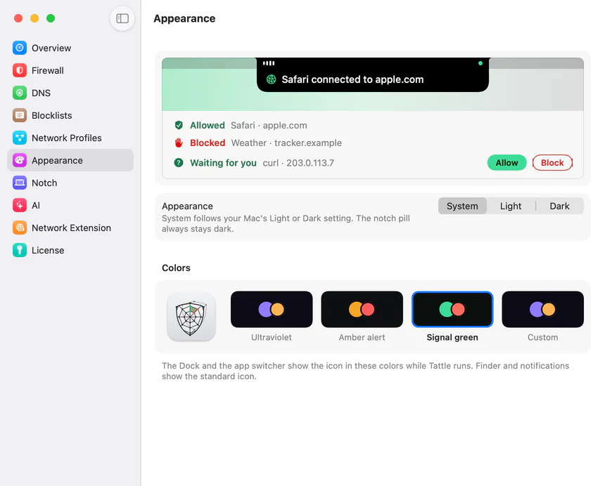 Tattle’s Settings window on the Appearance page: a preview in the palette’s colours, the System, Light and Dark switch, and the colour choices beside the app icon drawn in them.