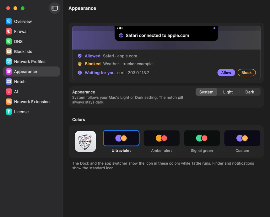 Tattle’s Settings window on the Appearance page: a preview in the palette’s colours, the System, Light and Dark switch, and the colour choices beside the app icon drawn in them.