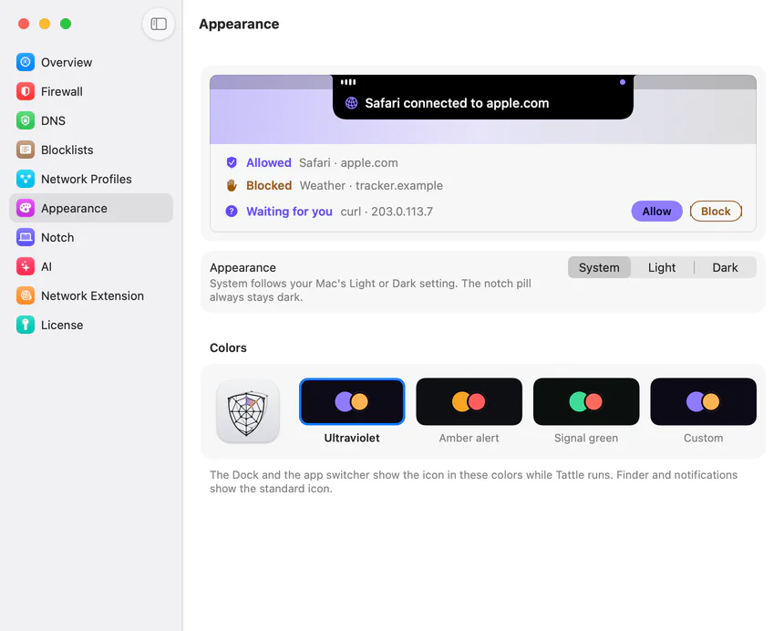 Settings › Appearance: the palettes, and the app icon in them
